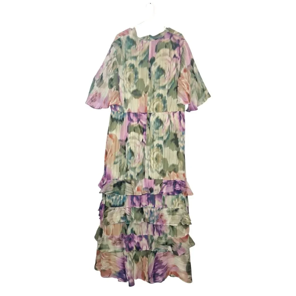Melonie T Floral Tiered Chiffon Maxi Dress Size 24W V-Neck Flutter Sleeve